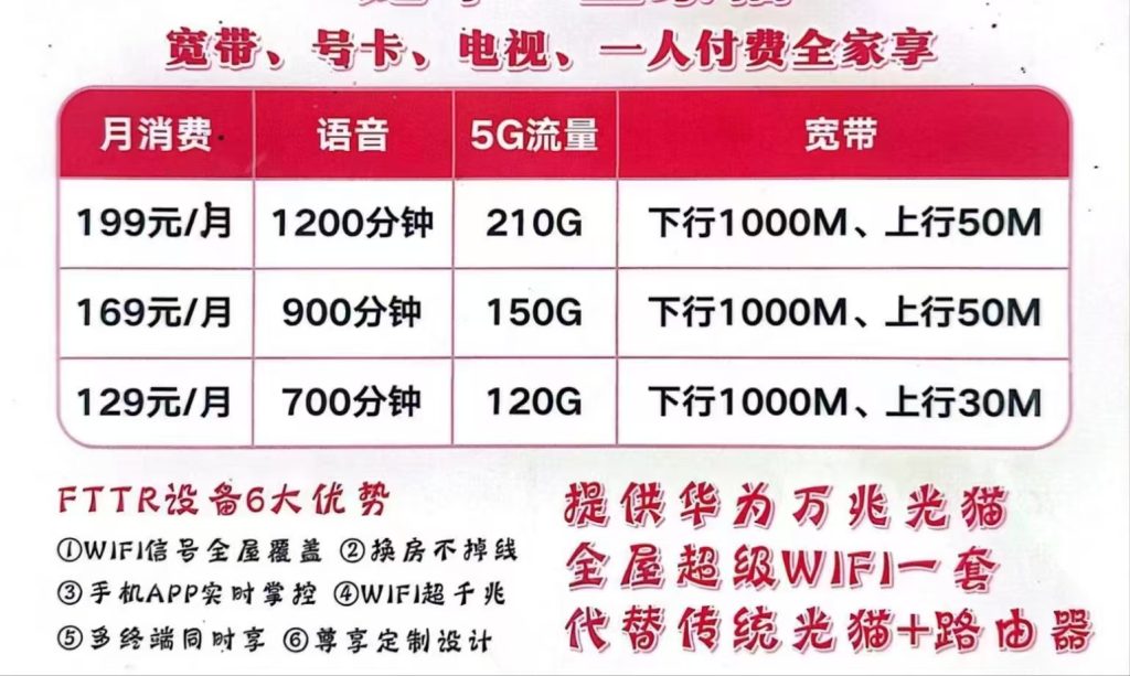 成都联通家庭宽带1000M套餐资费